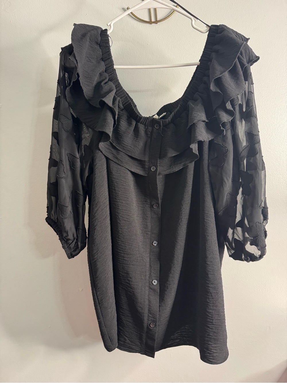 Cato Black Ruffle Off-Shoulder Button-Front Blouse XL Size 18/20